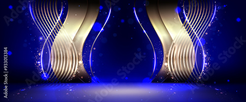 Award stage template with gold wave decorative elements on wall. Realistic 3d vector illustration of golden winner scene or product display podium. Luxury premium blue background with bright glitter.