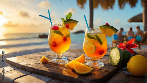 Refreshing cocktail in a glass on a table in a beach club during sunset. Alcohol cocktails with ocean view, party nightlife at beachclub. photo