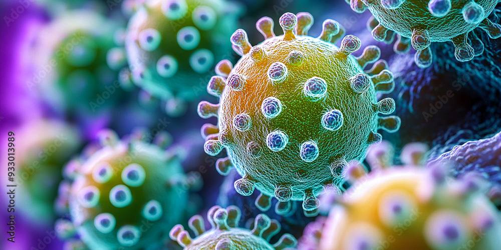 close-up of a virus under a microscope, highlighting its unique structure. The image reveals a group of round, green viral particles with a bluish outer layer, set against a vivid purple background. close-up of a virus under a microscope, highlighting its unique structure. The image reveals a group of round, green viral particles with a bluish outer layer, set against a vivid purple background.