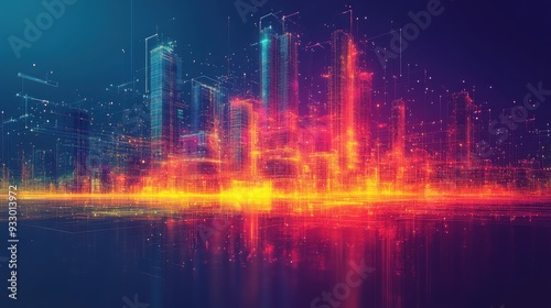 A vibrant digital cityscape with glowing elements and abstract design.