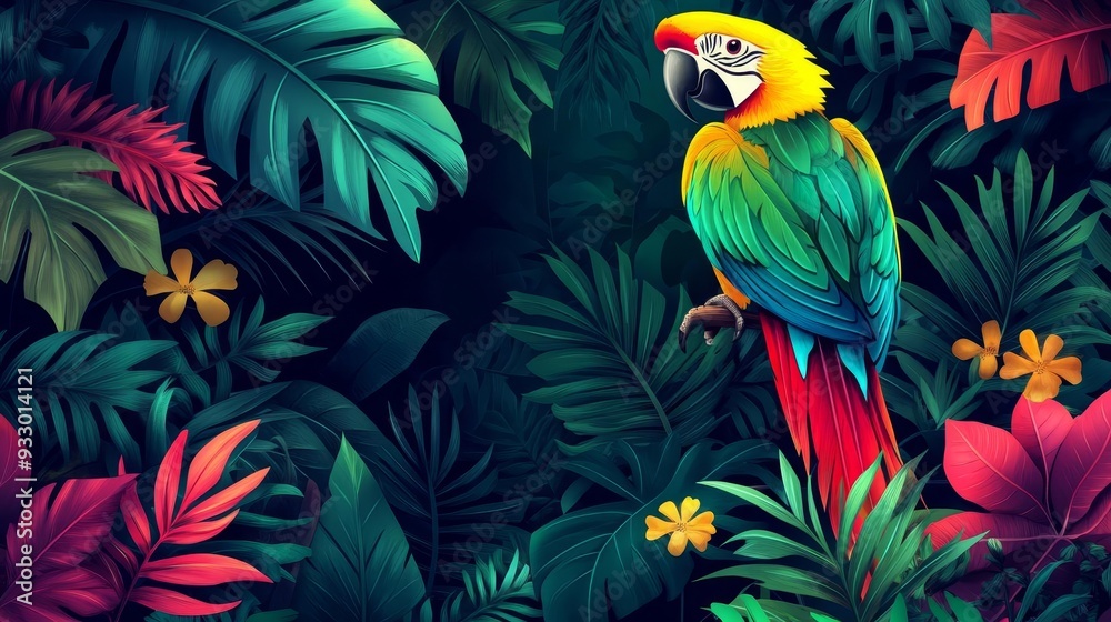 Obraz premium Vibrant parrot in tropical jungle, lush foliage, exotic and colorful, watercolor style, bold greens and reds