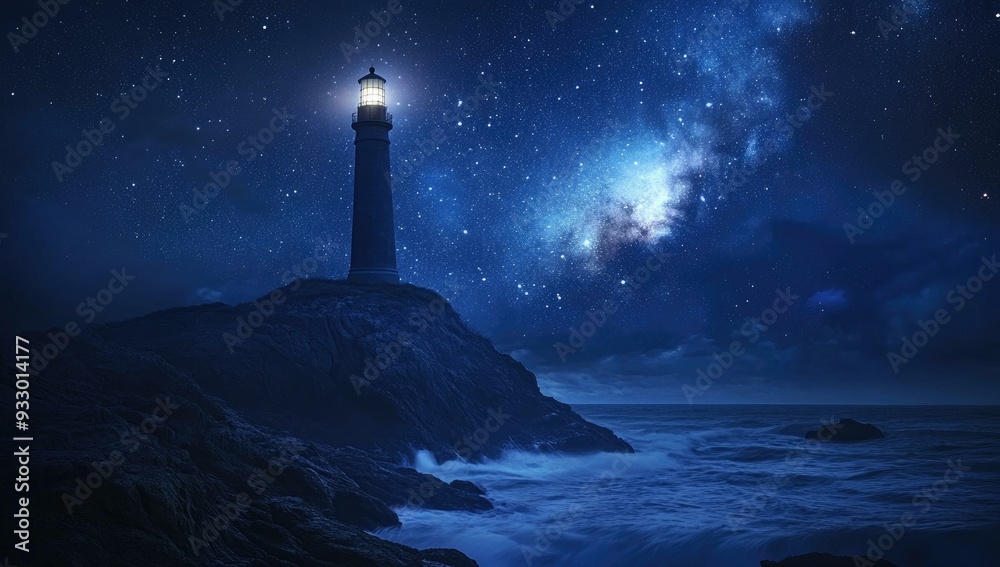 Lighthouse on a cliff, starry night, ocean waves. Lighthouse on a cliff, starry night, ocean waves.