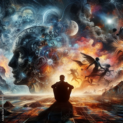 Digital art showcasing a silhouette of a person amidst a chaotic, vibrant scene, symbolizing the mind's complex and internal struggles with loneliness and hallucination.