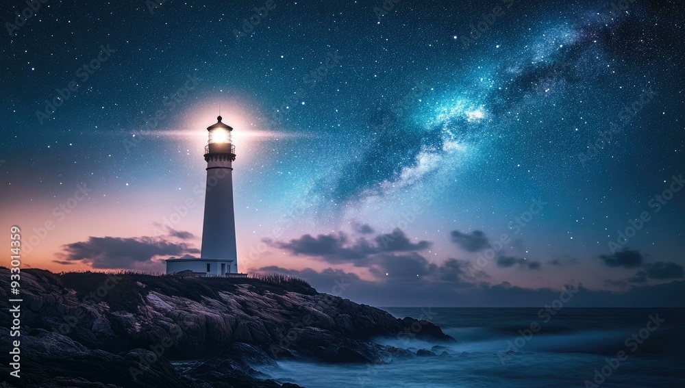 Lighthouse on cliff overlooking ocean under starry sky. Lighthouse on cliff overlooking ocean under starry sky.