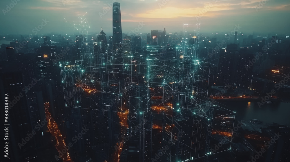 Fototapeta premium Smart digital Innovation city with connection network reciprocity over the cityscape. of future smart wireless digital city and social media networking systems that connects people with in city