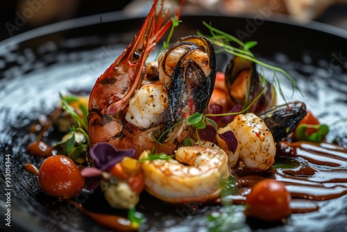 Capture of a beautifully presented seafood dish from the exquisite restaurant menu