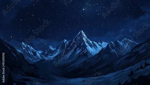 Snowy mountain range under starry night sky.