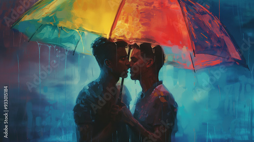A truly beautiful moment shared between two individuals was captured under a vibrant umbrella while it rained, serving as a symbol of love, connection, and intimacy amidst natures elements