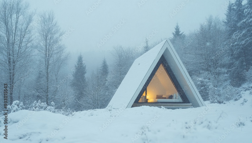 Snowy cabin with a view, nestled in a wintery forest. Snowy cabin with a view, nestled in a wintery forest.