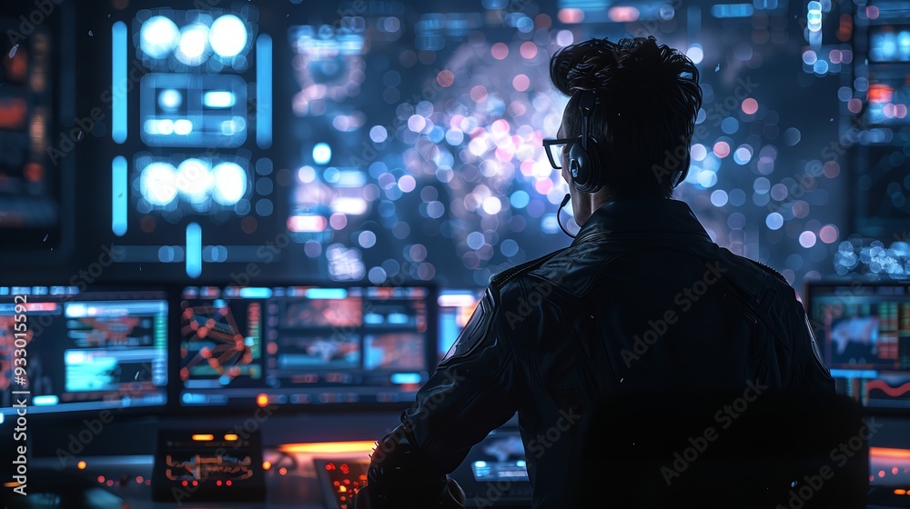 A man in high-tech control room sitting alone and looking at the screens, cybersecurity threat A man in high-tech control room sitting alone and looking at the screens, cybersecurity threat