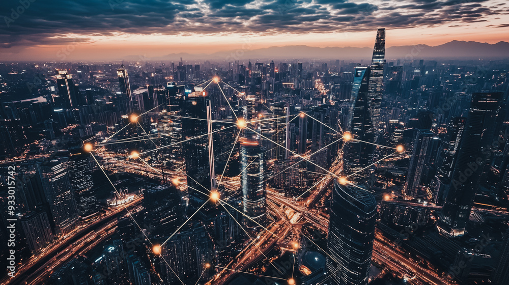 Fototapeta premium Smart digital Innovation city with connection network reciprocity over the cityscape. of future smart wireless digital city and social media networking systems that connects people with in city