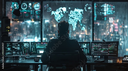 A man in high-tech control room sitting alone and looking at the screens, cybersecurity threat