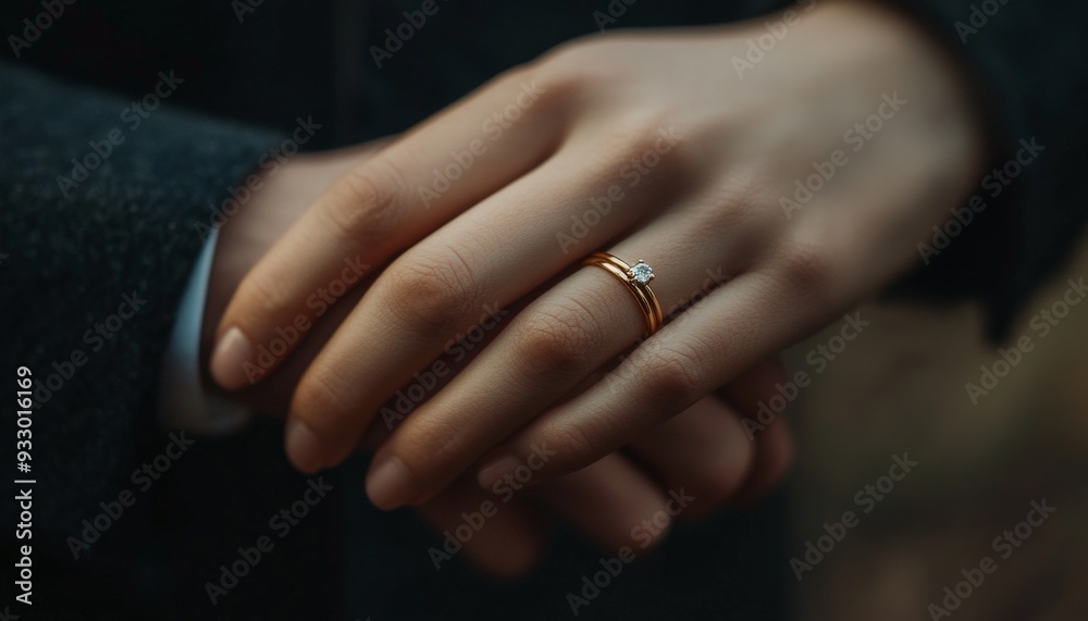 Close-up of an engagement ring on a woman's finger.. Close-up of an engagement ring on a woman's finger..