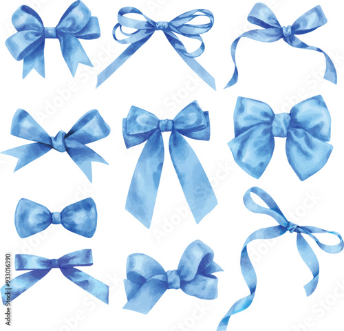 Vector Set of  bows blue color. Watercolor hand drawn illustration isolated on a white background
