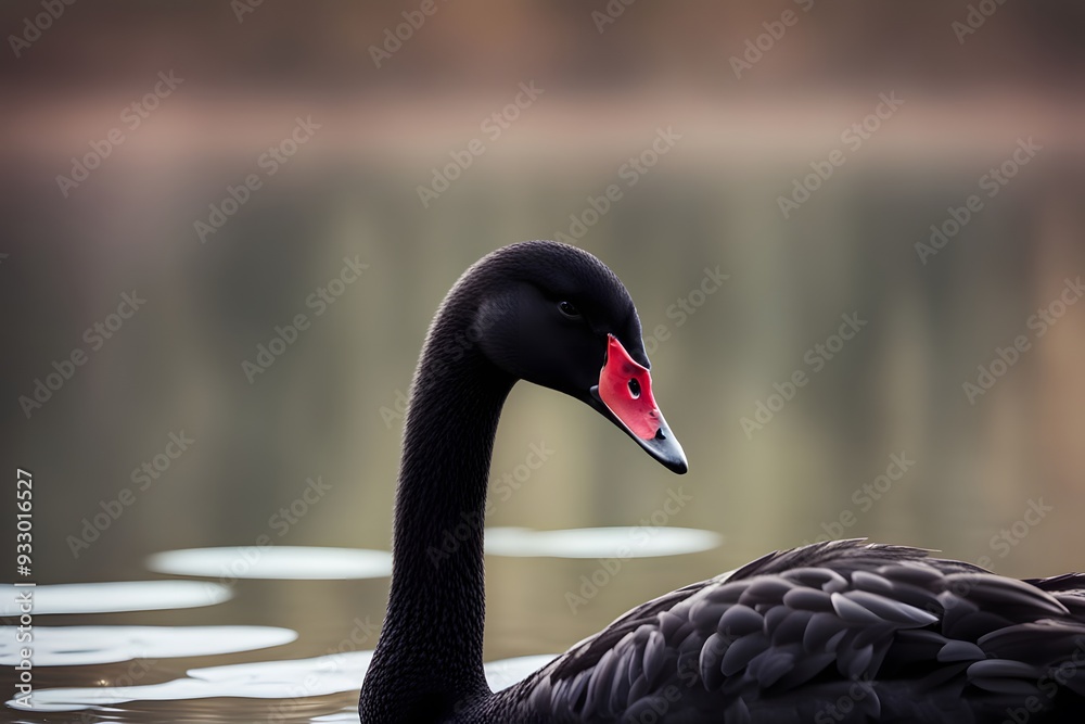 Obraz premium Black swan bird blurry nature background, Ai Generated