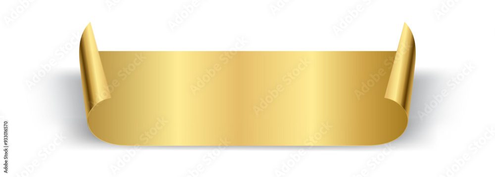 Rectangle gold paper sticker banner with curl vector illustration. Golden Sticker blank page curved rolled glossy shiny, empty flip document, template design element isolated on white background. Rectangle gold paper sticker banner with curl vector illustration. Golden Sticker blank page curved rolled glossy shiny, empty flip document, template design element isolated on white background.