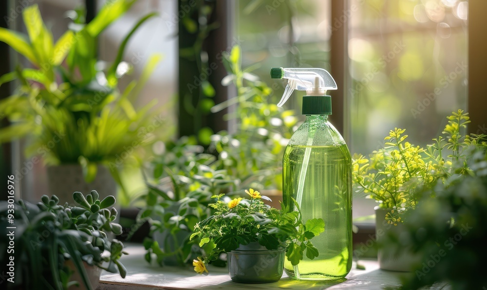 Green eco-friendly cleaning spray bottle in a natural setting, promoting sustainable home cleaning. Free copy space for text. Green eco-friendly cleaning spray bottle in a natural setting, promoting sustainable home cleaning. Free copy space for text.