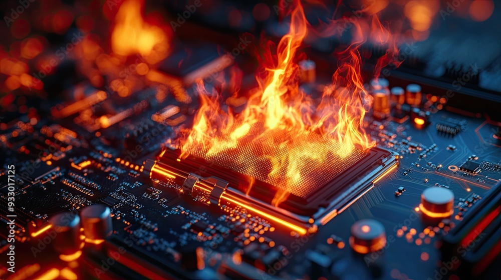 A fiery CPU on a motherboard. This image is perfect for illustrating the dangers of overheating computer components. A fiery CPU on a motherboard. This image is perfect for illustrating the dangers of overheating computer components.