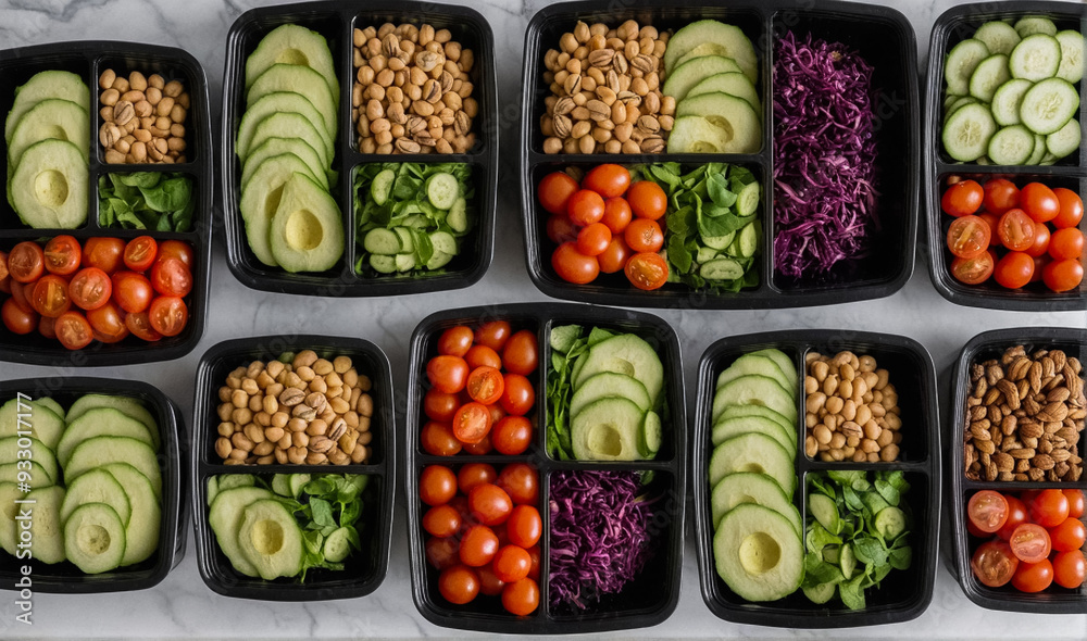 Ready healthy food catering menu in black lunch boxes. Frash vegetable packages as daily meal diet Take away containers.
