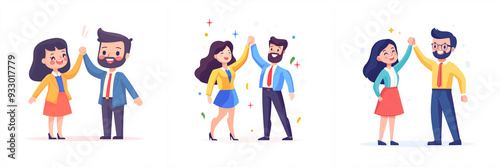 Celebrating Success: Joyful Characters in Cartoon Style Showcasing Friendship and Teamwork