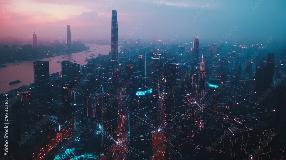 Obraz premium Smart digital Innovation city with connection network reciprocity over the cityscape. of future smart wireless digital city and social media networking systems that connects people with in city