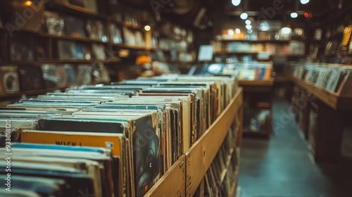 A shelf full of vinyl records. Perfect for illustrating a music, vintage, or nostalgia theme. photo