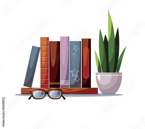 Books store, online library concept. Group of books, glasses and flower in pot.