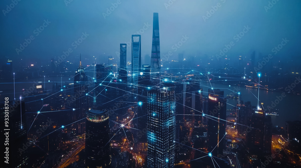 Fototapeta premium Smart digital Innovation city with connection network reciprocity over the cityscape. of future smart wireless digital city and social media networking systems that connects people with in city