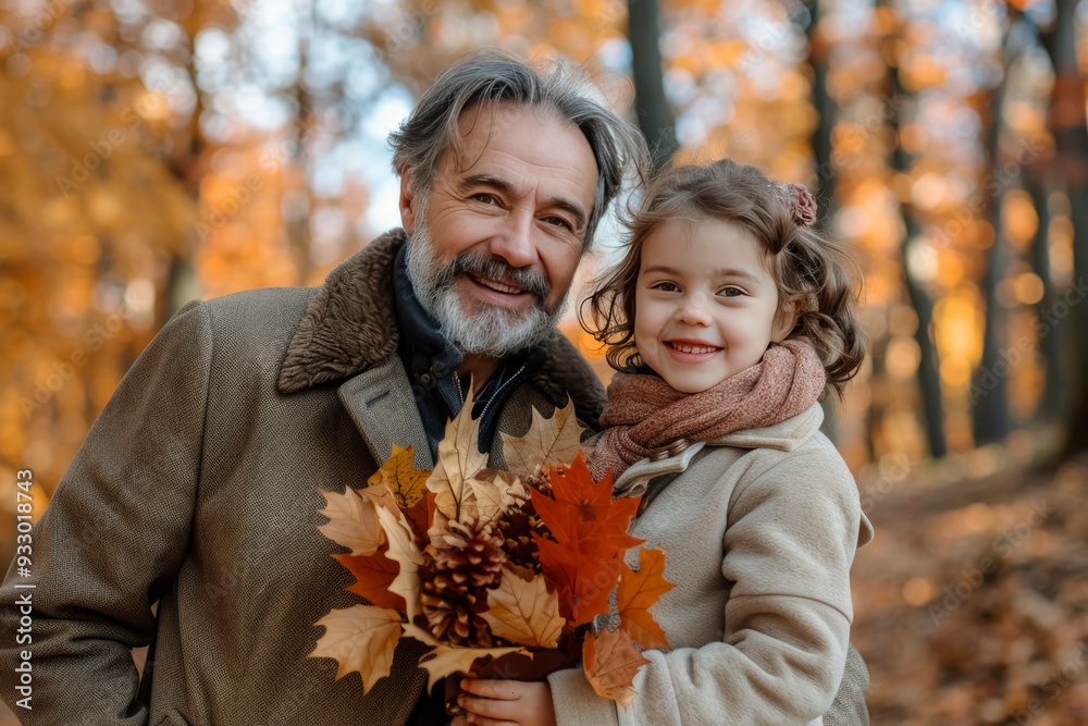 A smiling father and daughter embrace, holding a bouquet of autumn leaves, set against a backdrop of vibrant fall foliage. A smiling father and daughter embrace, holding a bouquet of autumn leaves, set against a backdrop of vibrant fall foliage.