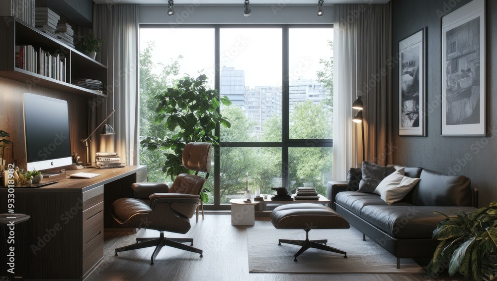 Fototapeta premium Modern living room with large windows and a leather couch.