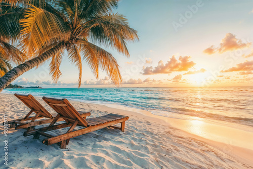 Fototapeta Naklejka Na Ścianę i Meble -  Two sunbeds relaxing under palm tree on the beach at sunset. High quality photo