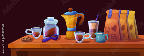 Coffee equipment on wooden table isolated on black background. Vector cartoon illustration of glass cup of espresso and latter with straw, paper packages of ground beans, chocolate cookie, milk jar