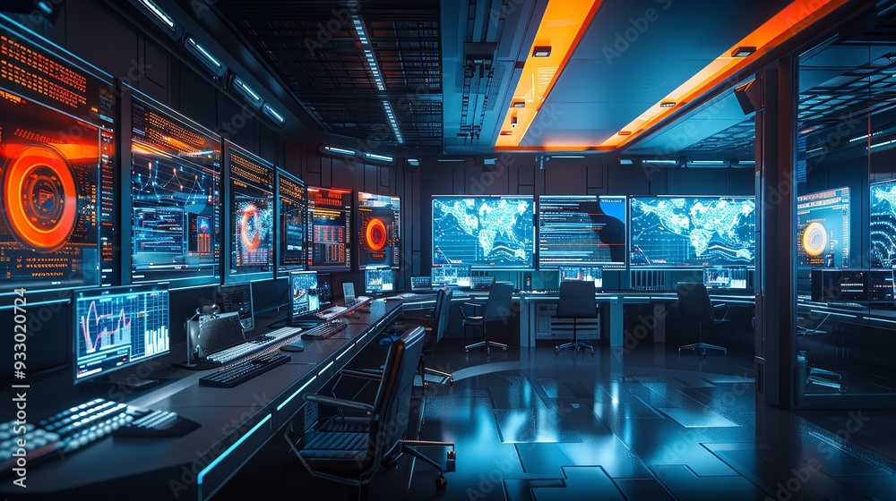 high tech control room with infographic, radar, and world map high tech control room with infographic, radar, and world map