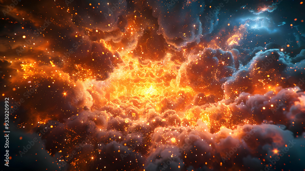 Abstract 3D Illustration of Orange and Blue Sparks in Clouds Abstract 3D Illustration of Orange and Blue Sparks in Clouds