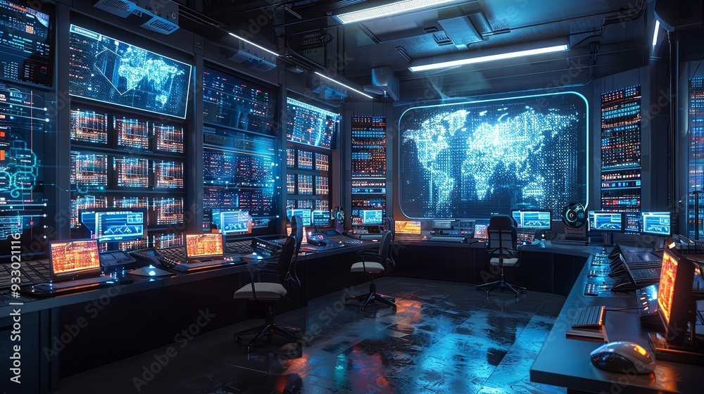 high tech control room with infographic, radar, and world map high tech control room with infographic, radar, and world map