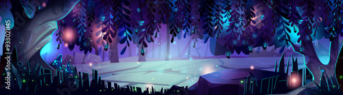 Magic night forest with neon fireflies. Vector cartoon illustration of dark glade with old trees, grass and fantasy purple plants glowing in moonlight, fairytale scenery, mysterious natural landscape