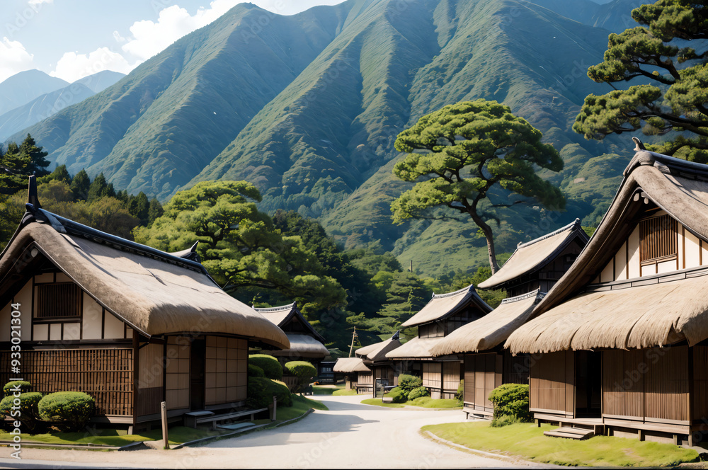 日本の昔のかやぶき屋根の家々 Stock Photo | Adobe Stock