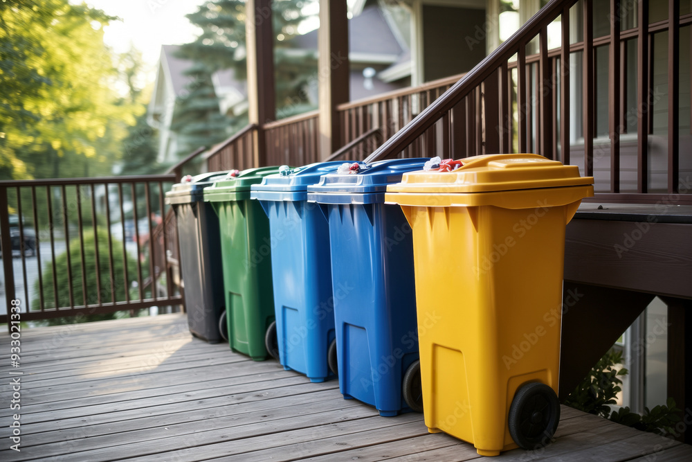 Residential Recycling Bins. Background with selective focus and copy space Residential Recycling Bins. Background with selective focus and copy space