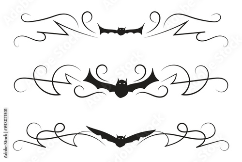 set of Halloween Bats flourish dividers, hand-drawn fancy lines Calligraphy Ornament vine scroll page separator, decorative ornate swirls vintage menu Wedding border holiday design element

