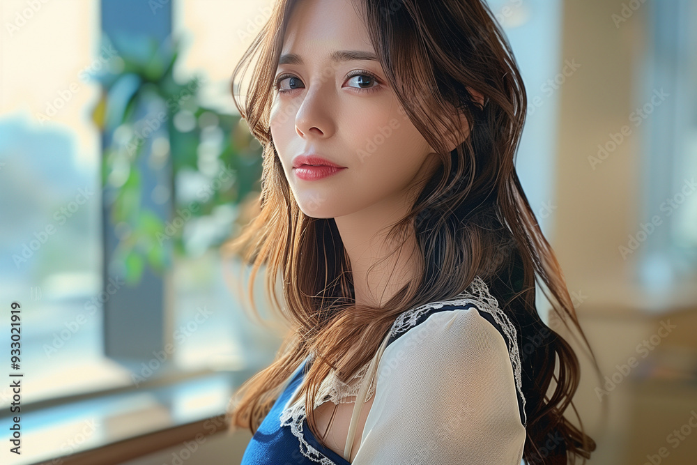 Fototapeta premium 青レースのワンピースを着ている美人な女性 ポートレート