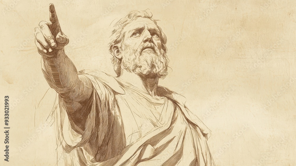 Fototapeta premium Biblical Illustration of Psalms 10: David Calling Upon God to Arise and Lift His Hand Against the Wicked, Who Think They Are Untouchable on Beige Background