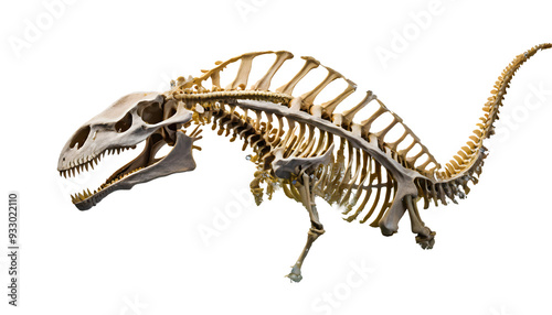 Dinosaur skeleton Splash on a white isolated background. Generative AI.