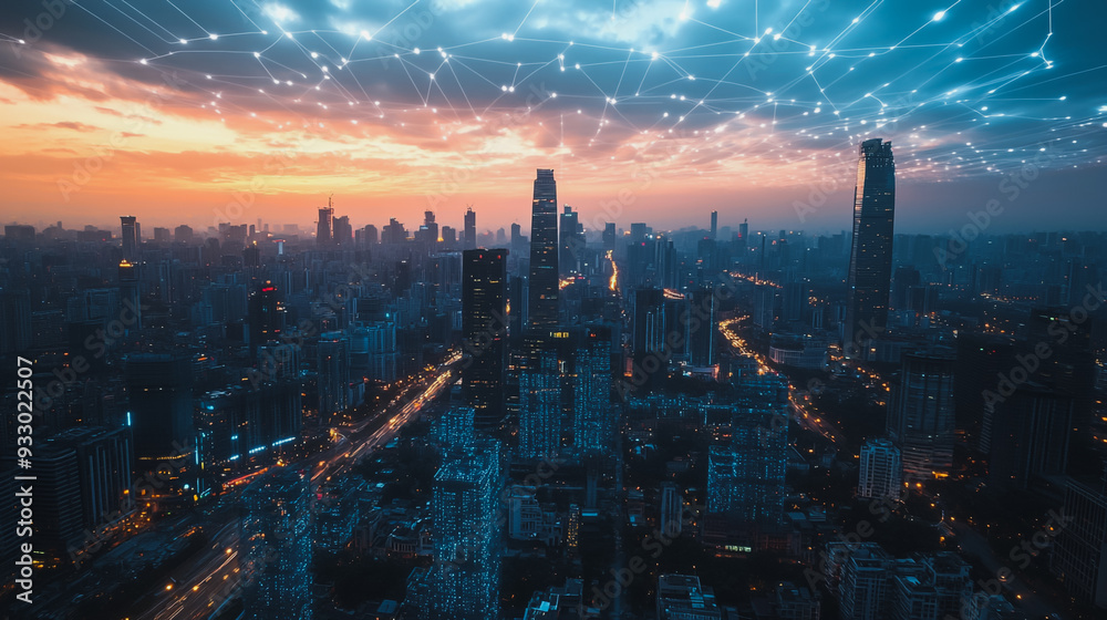 Fototapeta premium Smart digital Innovation city with connection network reciprocity over the cityscape. of future smart wireless digital city and social media networking systems that connects people with in city