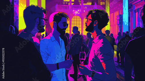 A lively and vibrant gathering taking place where friends are engaged in spirited conversation beneath stylish and colorful lighting, all contributing to a wonderfully festive atmosphere