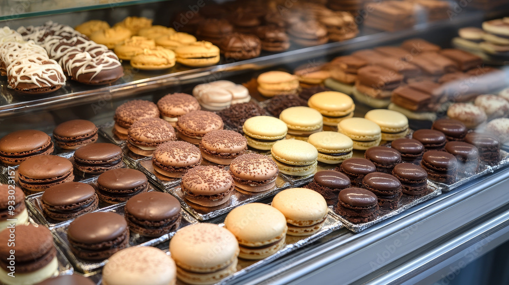 “Chocolate pastries prominently displayed at a bakery pastry shop, showcasing a variety of desserts and cakes. The display includes an assortment of macarons and chocolates, “Chocolate pastries prominently displayed at a bakery pastry shop, showcasing a variety of desserts and cakes. The display includes an assortment of macarons and chocolates,