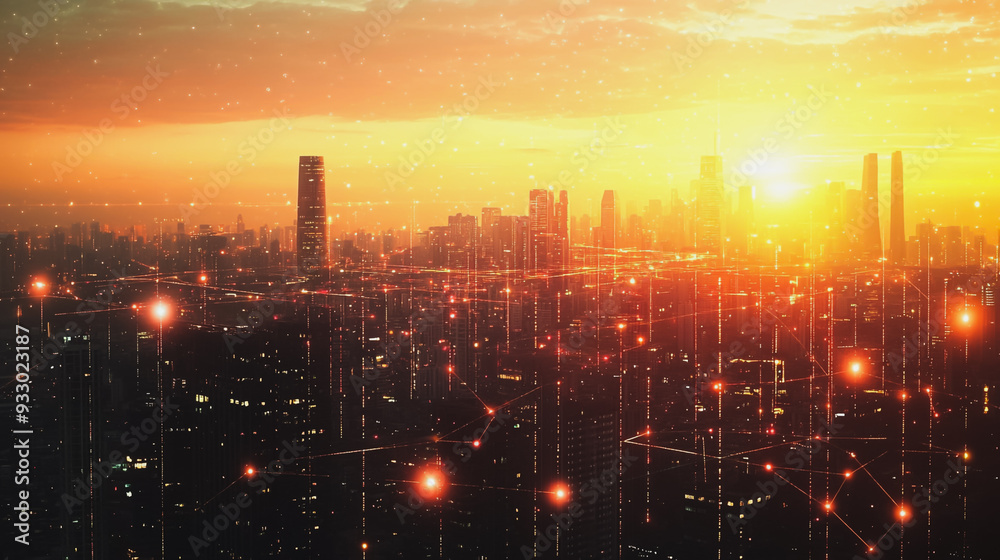 Smart digital Innovation city with connection network reciprocity over the cityscape. of future smart wireless digital city and social media networking systems that connects people with in city