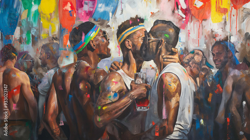 Join a lively and vibrant gathering that celebrates love and inclusivity among people, overflowing with joyful expressions, vivid colors, and a deep sense of unity shared among diverse individuals