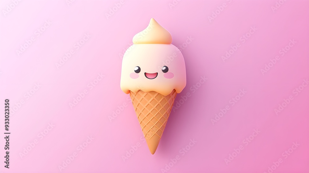 Smiling ice cream cone, kawaii features, pastel tones Smiling ice cream cone, kawaii features, pastel tones