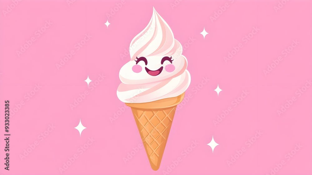 Smiling ice cream cone, kawaii features, pastel tones Smiling ice cream cone, kawaii features, pastel tones