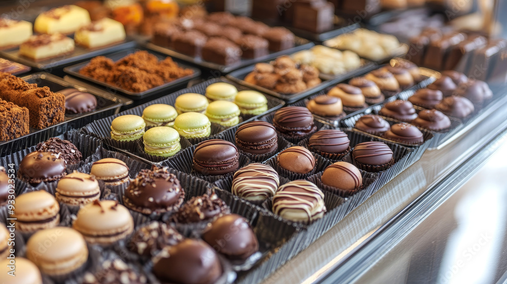 “Chocolate pastries prominently displayed at a bakery pastry shop, showcasing a variety of desserts and cakes. The display includes an assortment of macarons and chocolates, “Chocolate pastries prominently displayed at a bakery pastry shop, showcasing a variety of desserts and cakes. The display includes an assortment of macarons and chocolates,